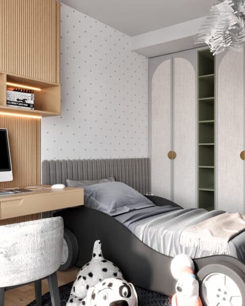 Genç odası tasarımı – Çalışma masası ve dolap - tuğ mimarlık Yedi Mavi araba yataklı genç odası tasarımı gardırop ve çalışma masası yerleşimi