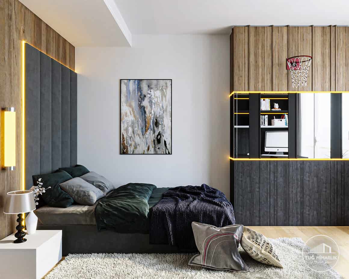 Yedi mavi genç odası – otel tipi başlık ve led pano - tuğ mimarlık Yedi Mavi Evleri genç odası tasarımı, otel tipi başlık, LED aydınlatmalı pano ve modüler dolap