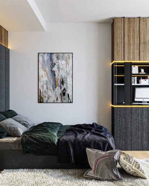Yedi mavi genç odası – otel tipi başlık ve led pano - tuğ mimarlık Yedi Mavi Evleri genç odası tasarımı, otel tipi başlık, LED aydınlatmalı pano ve modüler dolap