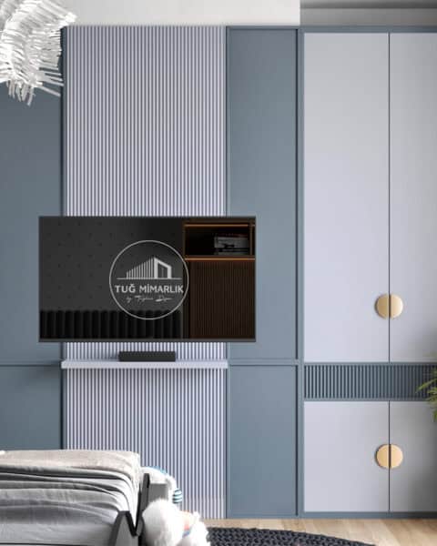 Yedi mavi genç odası – tv duvar Ünitesi - tuğ mimarlık TV üniteli genç odası tasarımı Yedi Mavi Zeytinburnu aydınlatmalı kitaplık