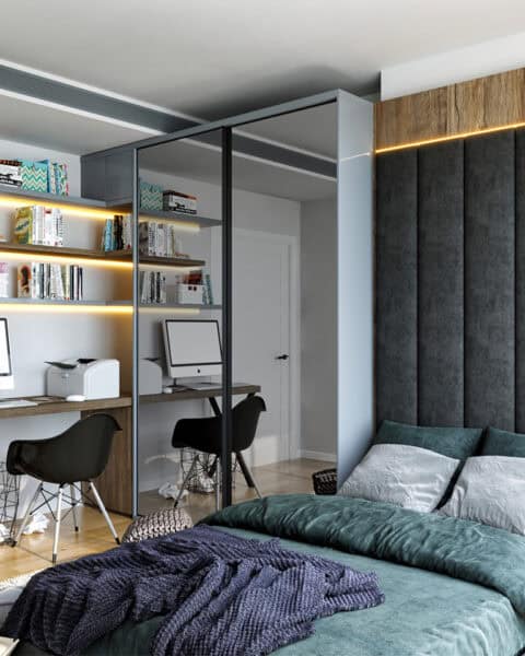 Zeytinburnu Yedi Mavi genç odası iç mimari tasarımı, yatak arkası panel, sıcak ışık ve çalışma masası düzeni