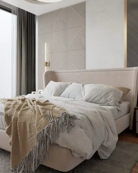Yatak başlığı ve komodinlerde otel konforu - tuğ mimarlık Zeytinburnu Yedi Mavi modern yatak odasında döşemeli yatak başlığı ve komodin tasarımı