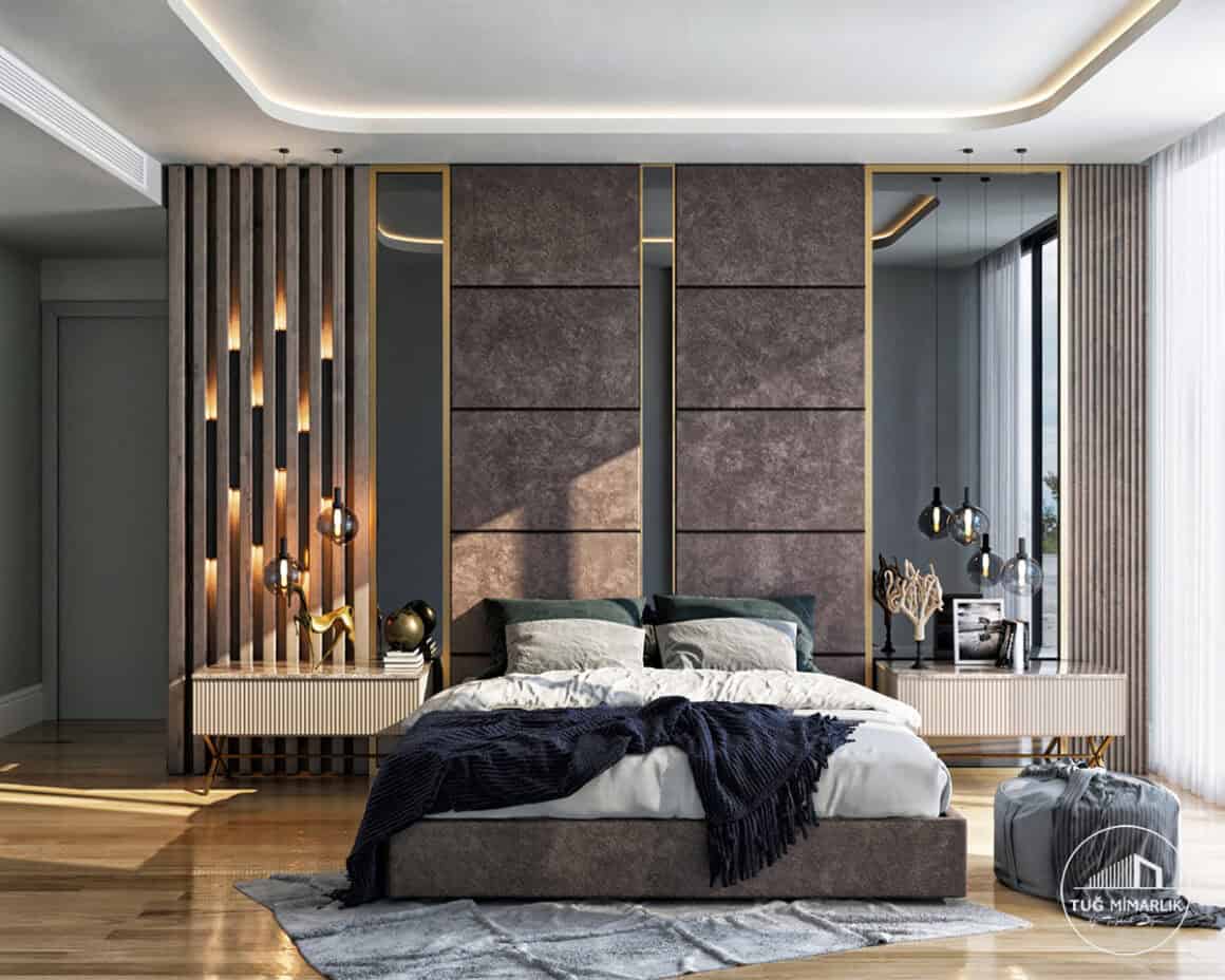 Yedi mavi zeytinburnu yatak odası – bronz başlık duvarı - tuğ mimarlık Zeytinburnu Yatak Odası Tasarımı bronz detaylı başlık duvarı ve sarkıt aydınlatma