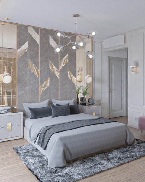 Akasya Koru yatak odası tasarımı duvar paneli ve bronz ayna detayları