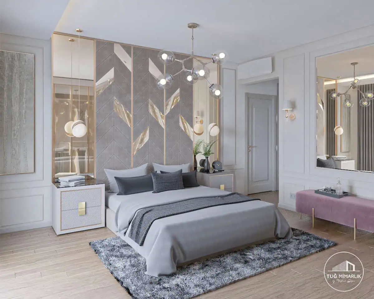 Akasya koru yatak odası duvar paneli - tuğ mimarlık Akasya Koru yatak odası tasarımı duvar paneli ve bronz ayna detayları