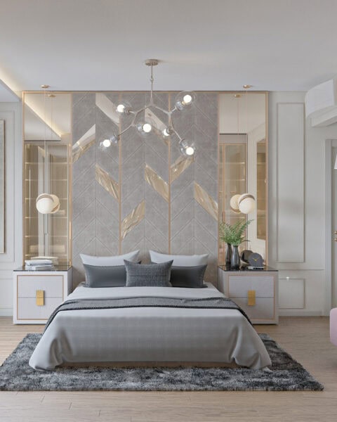 Akasya Koru yatak odası tasarımı genel görünüm, cam gardırop ve aydınlatma