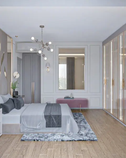 Akasya Koru yatak odası tasarımı makyaj alanı, bronz ayna ve oturma bankı