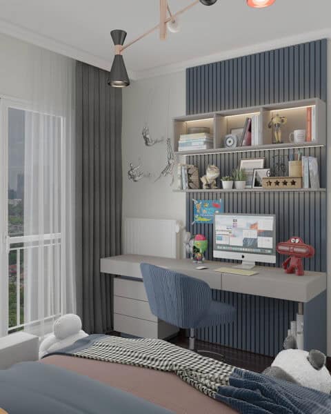 Bahçeşehir genç odası – Çalışma masası ve raflar - tuğ mimarlık bahçeşehir genç odası tasarımı çalışma masası raf sistemi ve aydınlatma