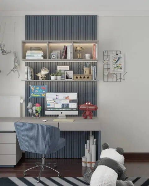 Genç odası – duvar paneli ve depolama detayı - tuğ mimarlık bahçeşehir genç odası tasarımı duvar paneli raf ve depolama detayları