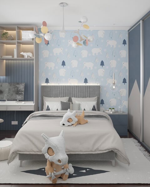 Bahçeşehir villa genç odası – sürgülü dolap ve yatak - tuğ mimarlık Bahçeşehir genç odası tasarımı, sürgülü dolap ve desenli duvar kağıdı