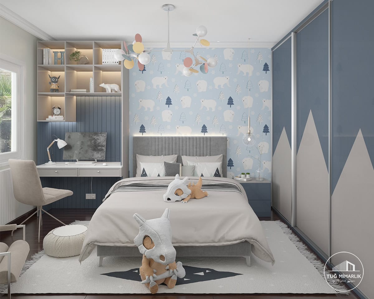 Bahçeşehir villa genç odası – sürgülü dolap ve yatak - tuğ mimarlık Bahçeşehir genç odası tasarımı, sürgülü dolap ve desenli duvar kağıdı