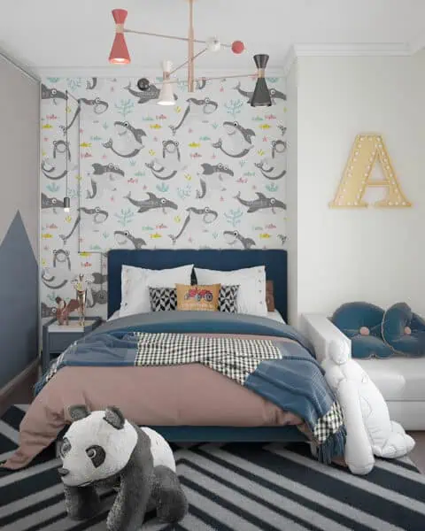 Bahçeşehir genç odası – yatak ve duvar kağıdı - tuğ mimarlık Bahçeşehir genç odası tasarımı yatak duvarı ve sürgülü dolap görünümü