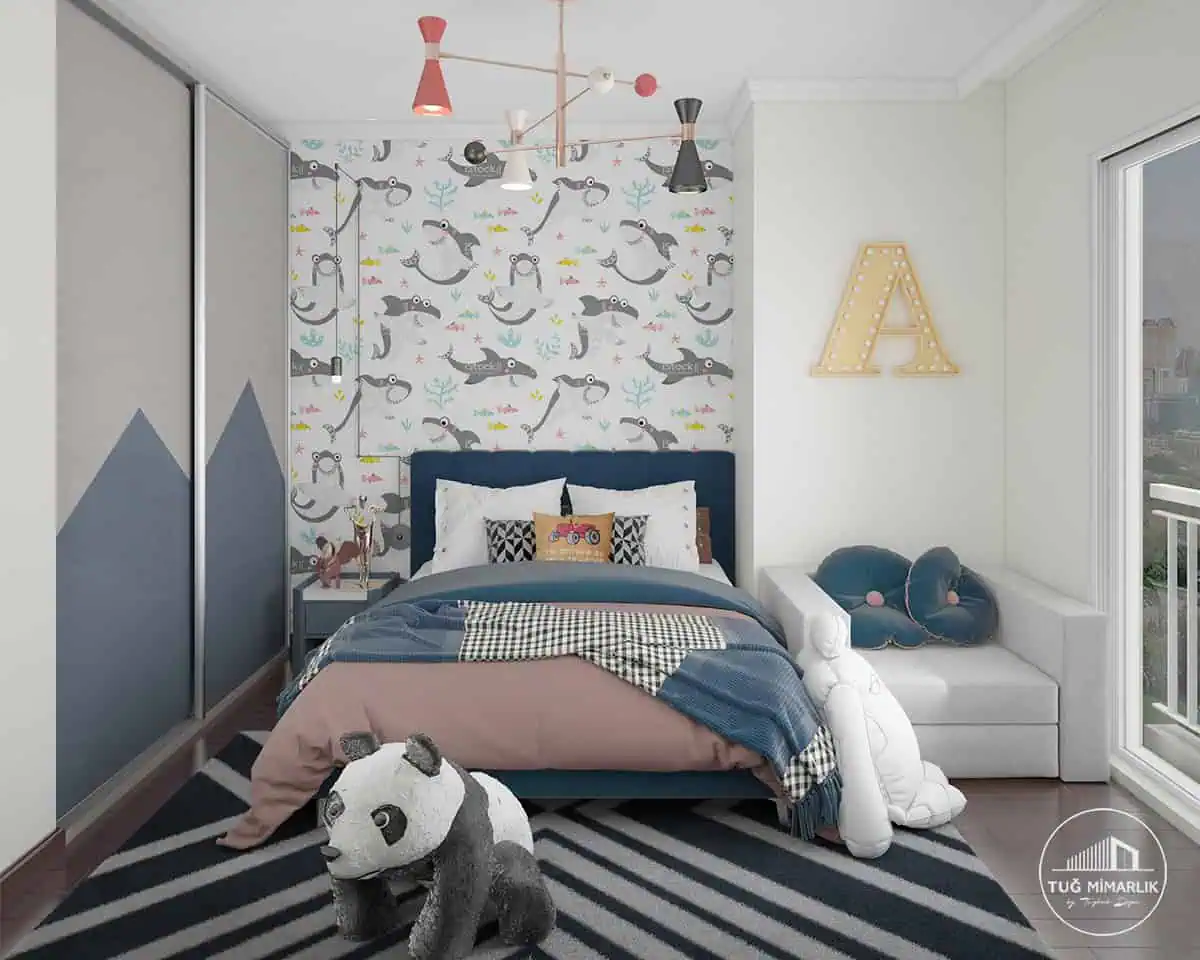 Bahçeşehir genç odası – yatak ve duvar kağıdı - tuğ mimarlık Bahçeşehir genç odası tasarımı yatak duvarı ve sürgülü dolap görünümü