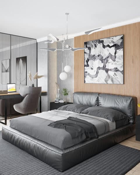 Yatak alanı – ahşap dikey kaplama ve aplik - tuğ mimarlık Bahçeşehir villa genç odası yatak başı ahşap dikey kaplama ve duvar aplikleri