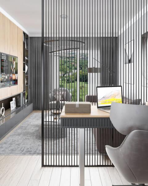 Bahçeşehir villa genç odası – Çalışma alanı seperatörü - tuğ mimarlık Bahçeşehir villa genç odası tasarımı metal seperatör ve çalışma masası