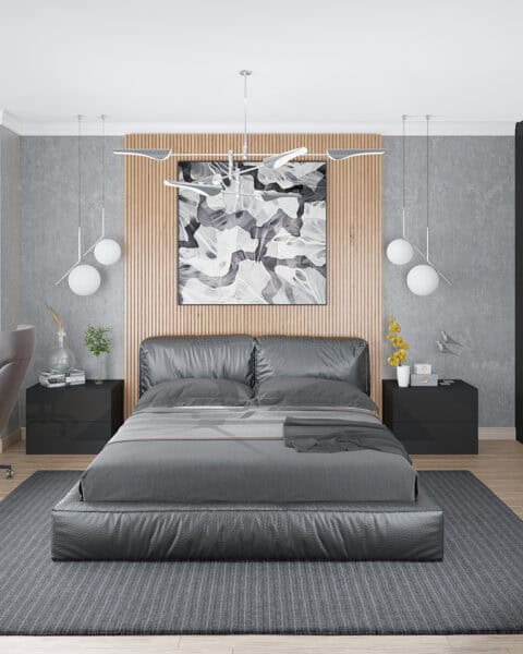 Yatak karşısı – dolaplar ve aydınlatma - tuğ mimarlık Bahçeşehir villa genç odası tasarımı yatak karşısı siyah dolaplar ve modern aydınlatma