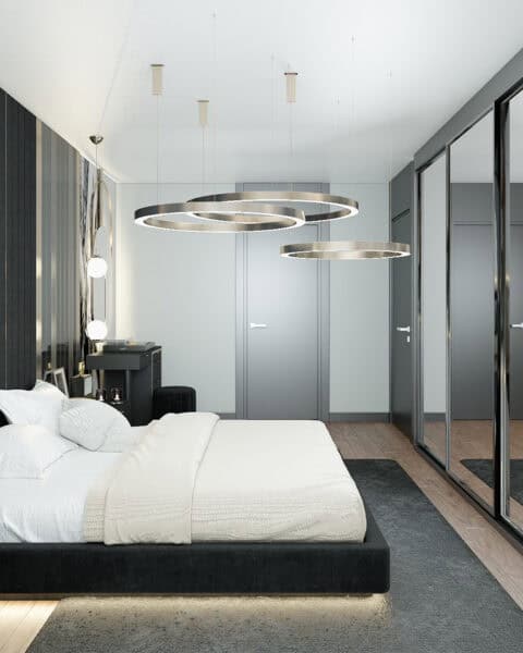 Nef Çamlıtepe yatak odası – tam cephe görünüm - tuğ mimarlık Çekmeköy yatak odası tasarımı komodinler sarkıt aydınlatma ve şifonyer