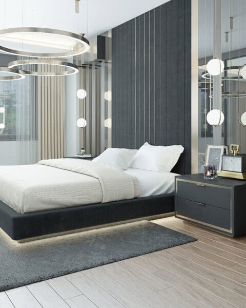 Nef Çamlıtepe yatak odası – antrasit başlık duvarı - tuğ mimarlık Çekmeköy yatak odası tasarımı antrasit panel başlık ve LED detay