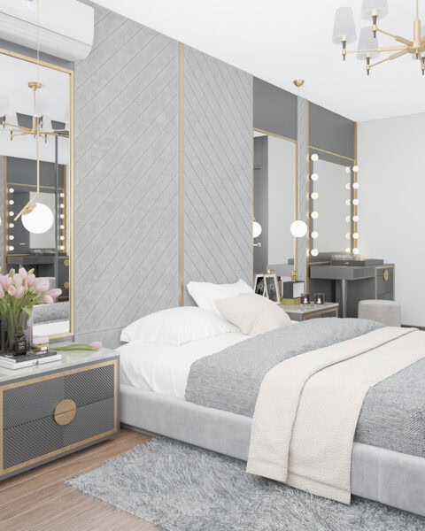 Çekmeköy yatak odası – makyaj masası ve ayna detayı - tuğ mimarlık Çekmeköy yatak odası, makyaj masası tasarımı ve ampullü ayna