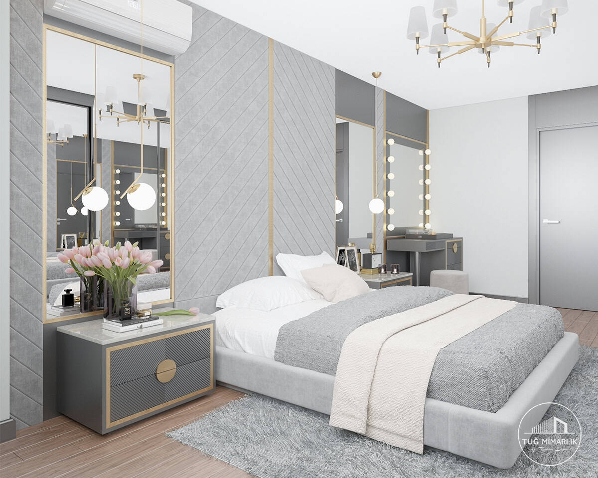Çekmeköy yatak odası – makyaj masası ve ayna detayı - tuğ mimarlık Çekmeköy yatak odası, makyaj masası tasarımı ve ampullü ayna