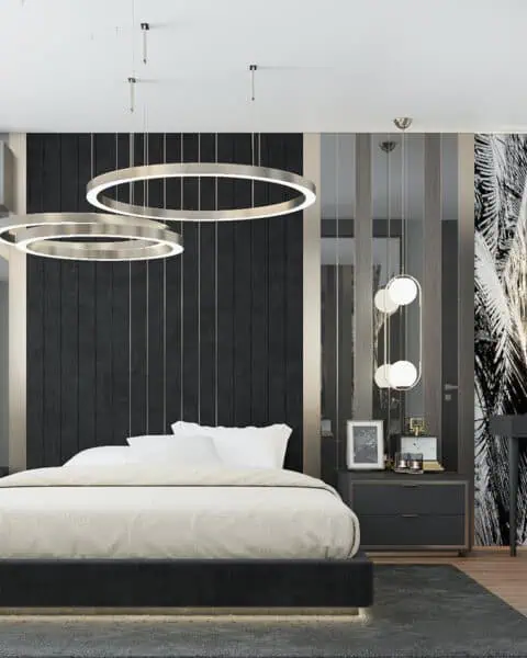 Nef Çamlıtepe yatak odası – aynalı gardırop alanı - tuğ mimarlık Çekmeköy yatak odası tasarımı aynalı gardırop ve halka aydınlatma