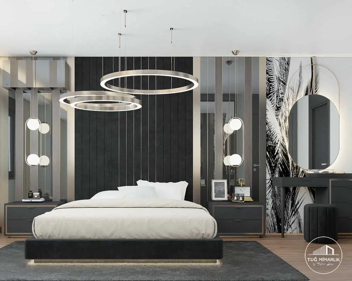 Nef Çamlıtepe yatak odası – aynalı gardırop alanı - tuğ mimarlık Çekmeköy yatak odası tasarımı aynalı gardırop ve halka aydınlatma