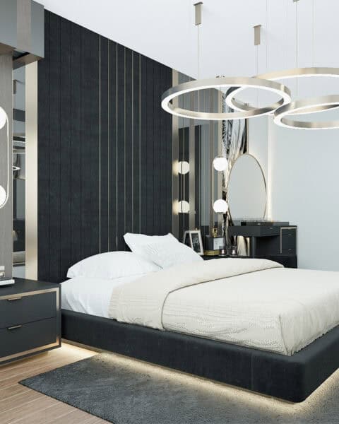 Nef Çamlıtepe yatak odası – yan açı led detayı - tuğ mimarlık Çekmeköy yatak odası tasarımı LED yatak başlığı ve antrasit komodin