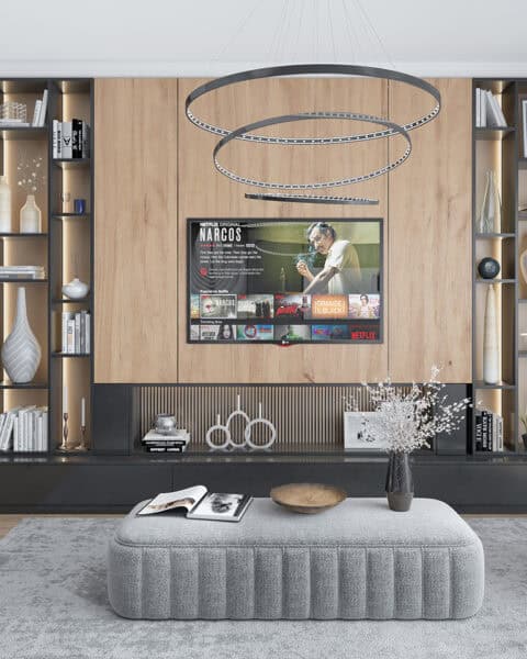 Tv Ünitesi ve meşe panel – genç odası - tuğ mimarlık Bahçeşehir genç odası TV ünitesi tasarımı meşe panel ve raf aydınlatması