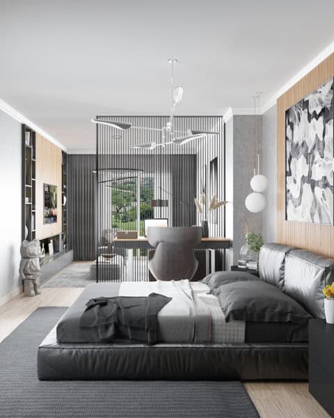 Geniş açı – yatak ve Çalışma köşesi birlikte - tuğ mimarlık Bahçeşehir villa genç odası geniş açı yatak alanı ve çalışma köşesi metal seperatör