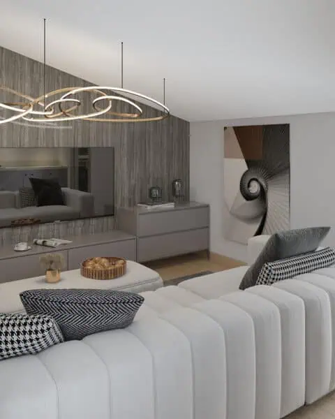 Fenerbahçe Çatı katı salon tv duvarı - tuğ mimarlık Fenerbahçe çatı katı oturma odası TV duvarı ve modern avize