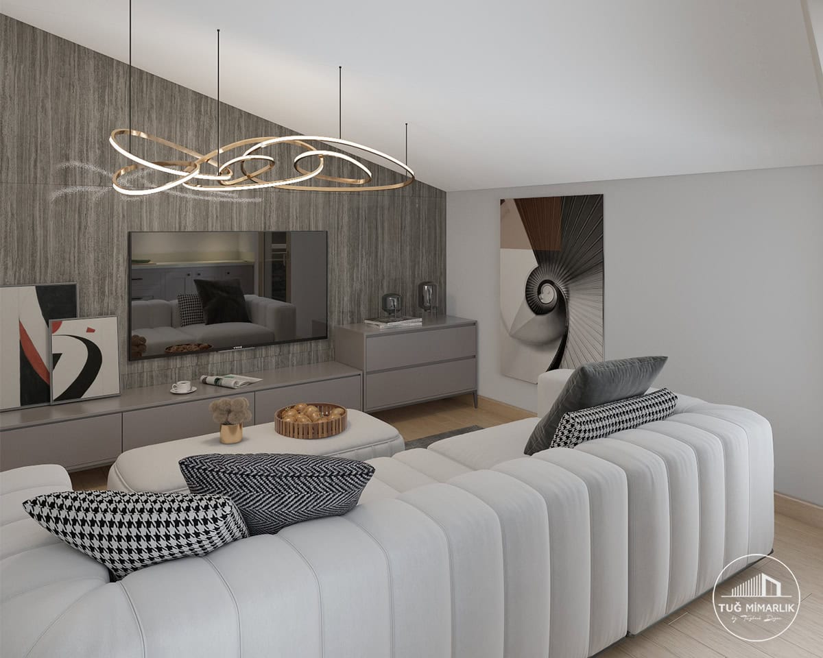 Fenerbahçe Çatı katı salon tv duvarı - tuğ mimarlık Fenerbahçe çatı katı oturma odası TV duvarı ve modern avize