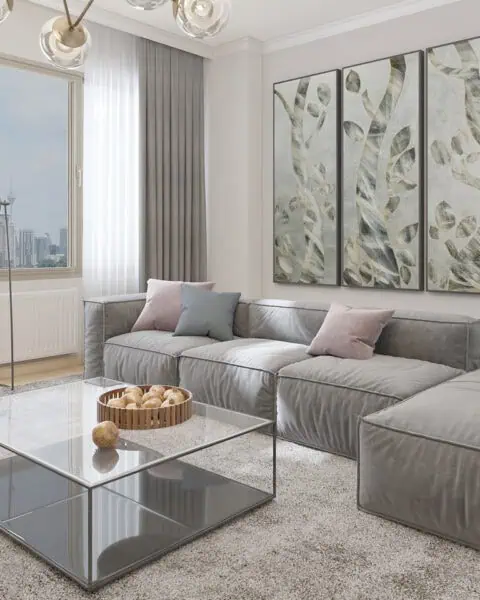 Fenerbahçe oturma odası – cam orta sehpa ve duvar tabloları - tuğ mimarlık Fenerbahçe oturma odası dekorasyonu cam orta sehpa ve üçlü tablo