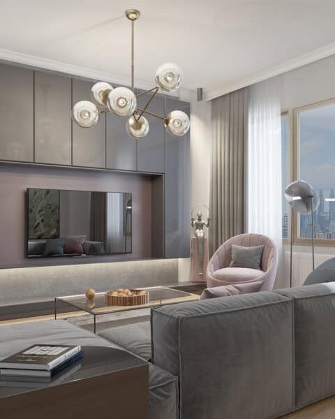 Fenerbahçe oturma odası – tv Ünitesi ve l koltuk - tuğ mimarlık Kadıköy Fenerbahçe oturma odası tasarımı TV ünitesi ve L koltuk