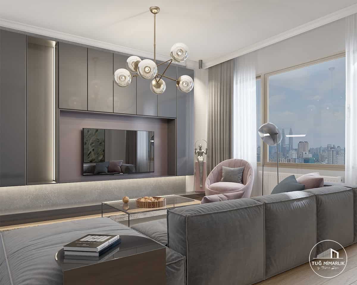 Fenerbahçe oturma odası – tv Ünitesi ve l koltuk - tuğ mimarlık Kadıköy Fenerbahçe oturma odası tasarımı TV ünitesi ve L koltuk