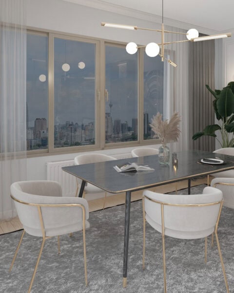 Kadıköy fenerbahçe yemek alanı - tuğ mimarlık Fenerbahçe salon tasarımı yemek alanı masa sandalyeler ve modern aydınlatma