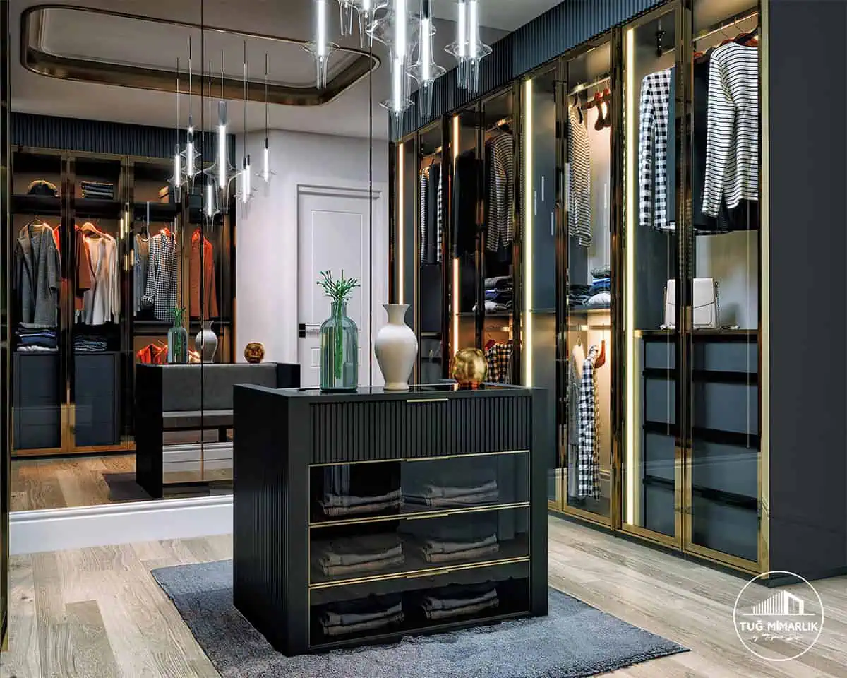 İskenderun giyinme odası – cam kapaklı dolap ve ada - tuğ mimarlık İskenderun giyinme odası tasarımı cam kapaklı bronz çerçeveli dolap ve orta ada