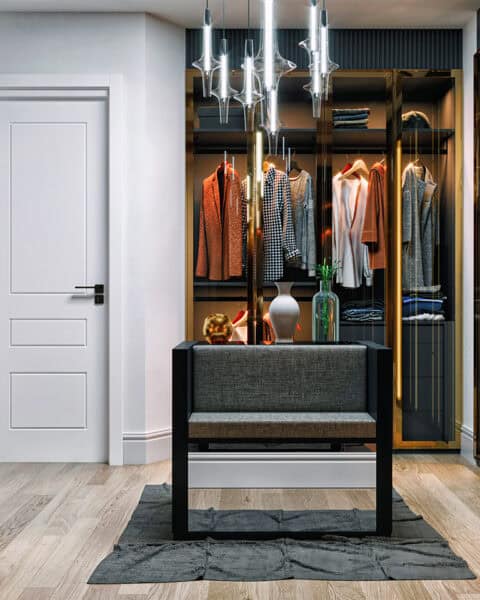 İskenderun giyinme odası dolabı bronz çerçeveli cam kapak askı raf düzeni LED aydınlatma