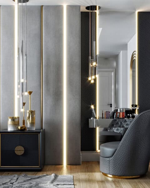 İskenderun yatak odası tasarımı komodin detayları LED ışık çizgileri ve modern koltuk