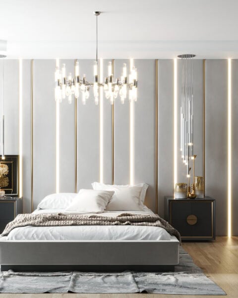 İskenderun yatak odası tasarımı LED ışık çizgileri pirinç detaylar ve avize