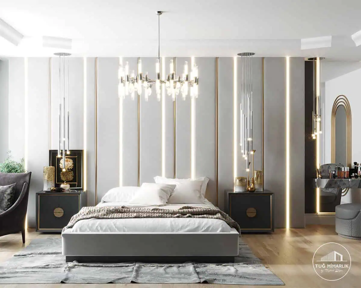 İskenderun yatak odası – led duvar ve avize - tuğ mimarlık İskenderun yatak odası tasarımı LED ışık çizgileri pirinç detaylar ve avize