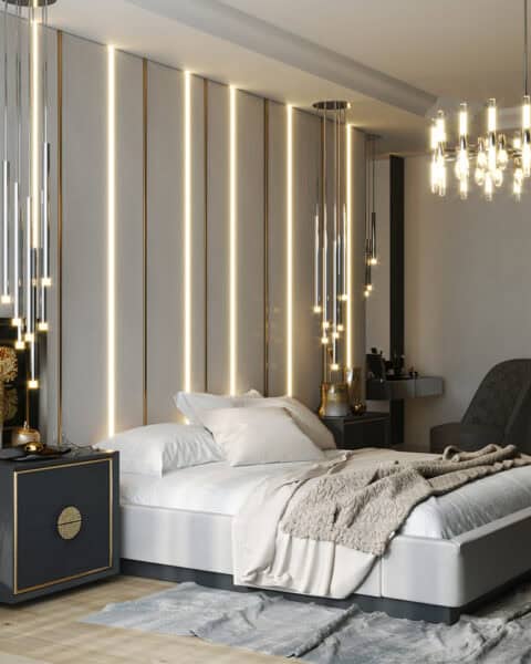 İskenderun yatak odası – makyaj köşesi ve ayna - tuğ mimarlık İskenderun yatak odası tasarımı makyaj masası büyük ayna pirinç detay ve sarkıt aydınlatma