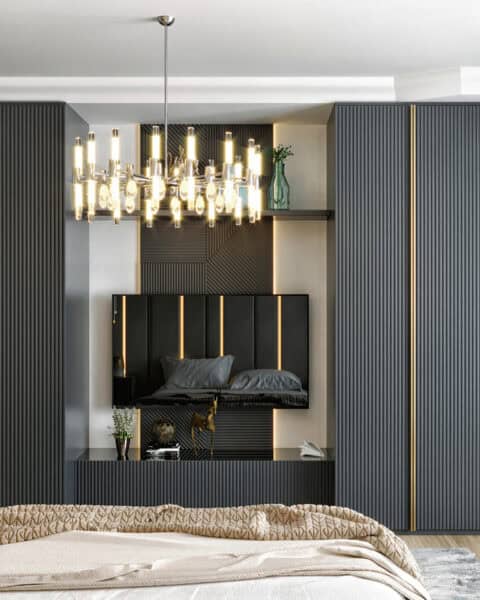 İskenderun yatak odası tasarımı özel üretim dolap kapakları metal detay ve TV ünitesi yerleşimi