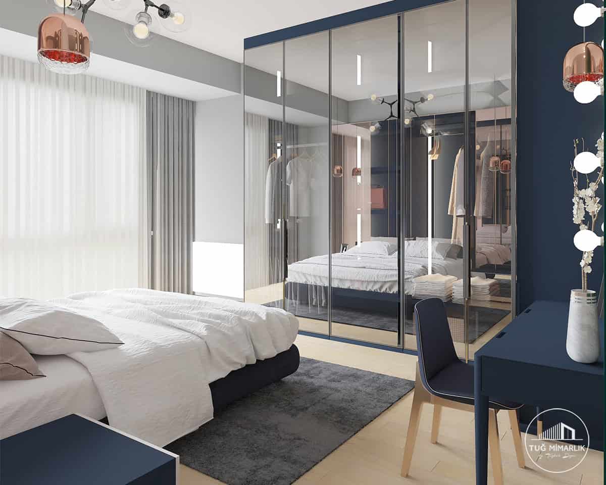 Kartal yatak odası cam kapaklı gardırop ve giyinme alanı - tuğ mimarlık Kartal Manzara Adalar cam kapaklı gardırop giyinme alanı yatak odası tasarımı