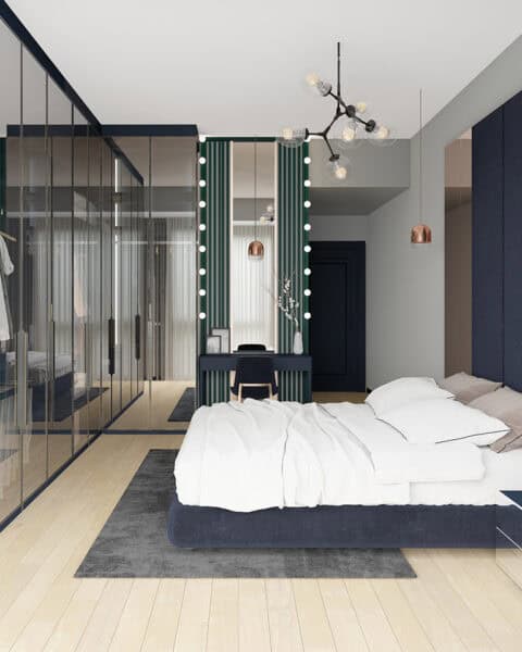 Kartal manzara adalar yatak odası genel görünüm - tuğ mimarlık Kartal Manzara Adalar yatak odası tasarımı lacivert panel ve cam dolap