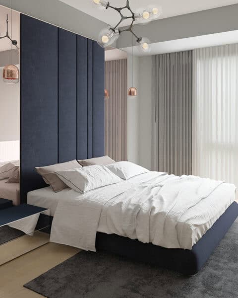 Manzara adalar yatak odası yatak başı detayı - tuğ mimarlık Kartal Manzara Adalar yatak odası lacivert yatak başlığı ve sarkıt aydınlatma