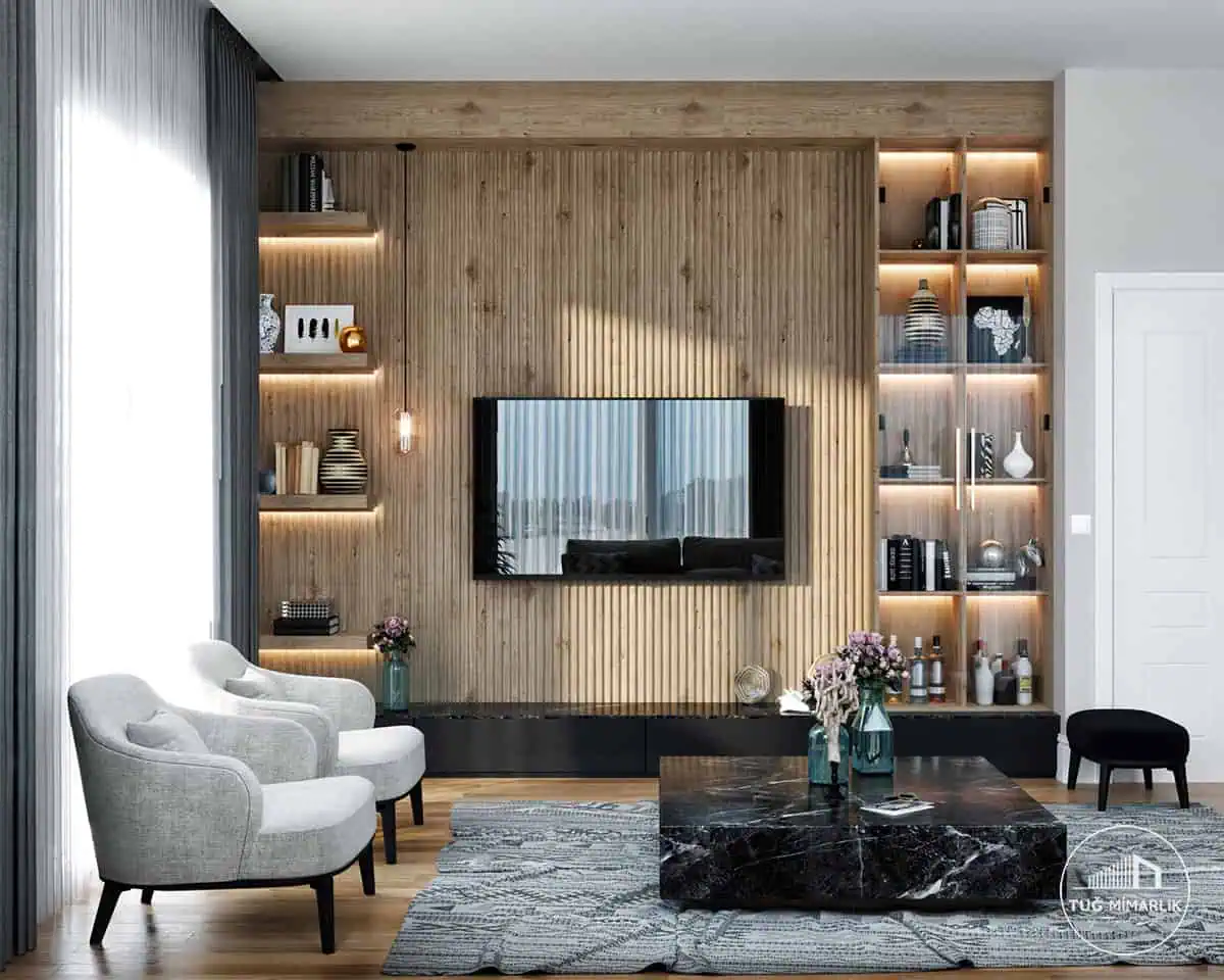 Mesa orman salon – ahşap tv duvarı ve mermer sehpa - tuğ mimarlık Ahşap TV duvarı, mermer orta sehpa ve raflı ünite ile modern salon tasarımı