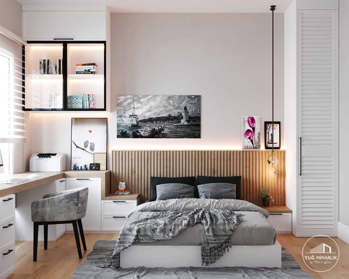 Mesa orman genç odası – Çalışma masalı düzen - tuğ mimarlık Mesa Orman Beykoz genç odası tasarımı çalışma masası ve depolama