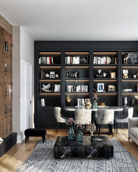 Mesa orman salon – siyah kitaplık duvarı - tuğ mimarlık Siyah kitaplık ve raf aydınlatmalı modern salon tasarımı, Beykoz