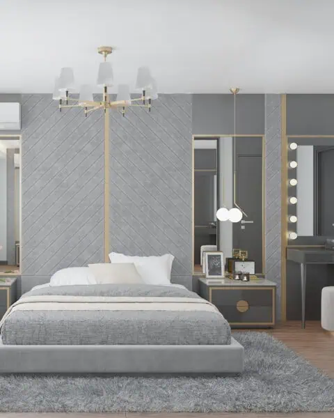 Nef Çamlıtepe yatak odası – yatak başı duvar paneli - tuğ mimarlık Çekmeköy yatak odası tasarımı, yatak başı duvar paneli ve sarkıt aydınlatma