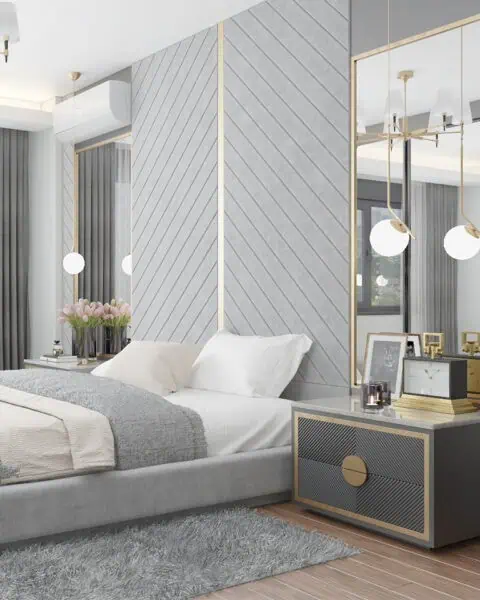 Nef Çamlıtepe Çekmeköy yatak odası – genel görünüm - tuğ mimarlık Çekmeköy yatak odası tasarımı, ayna panel ve özel üretim komodin